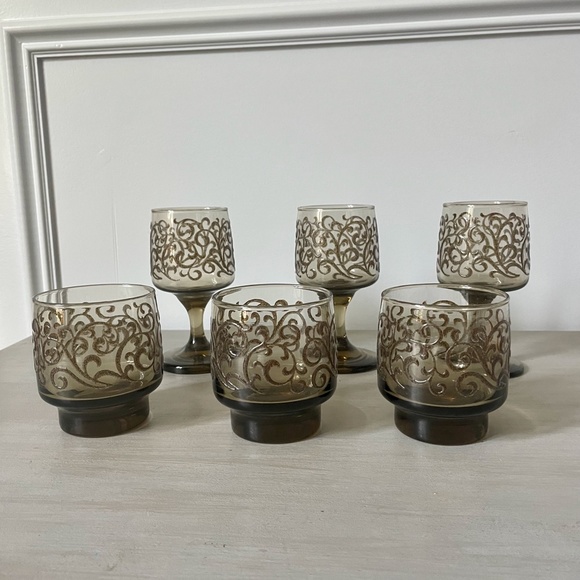 VINTAGE 1970s Libbey Prado Scroll 3 Low Ball Glasses + 3 Wine Glasses - Set of 6 - Picture 7 of 8